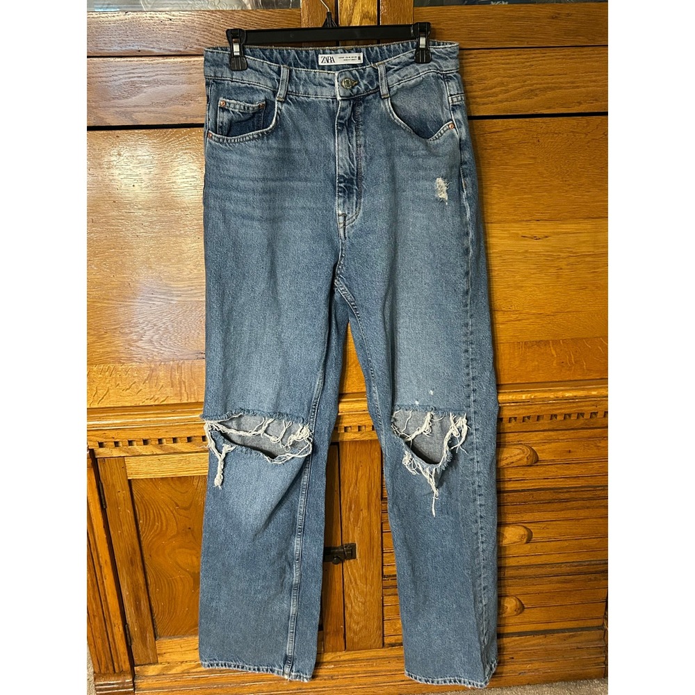 Zara 90s Skater Grunge Y2K Blue High Waisted Wide Leg Distressed Ripped Jeans